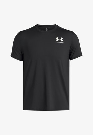 Juodas trumpas rankovėmis sportinis marškinėliai, pagaminti iš lengvos medžiagos. Turi apvalų kaklą ir mažą baltą "Under Armour" logotipą ant krūtinės.