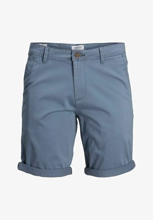 Pantaloni scurți din bumbac albastru, cu închidere prin buton și mansete răsucite, având o textură netedă și un design drept. Eticheta brandului este vizibilă în interior.