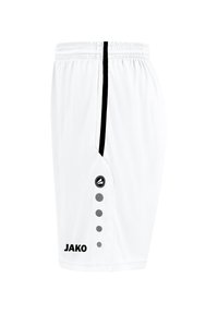 Weiße Sportshorts mit einem elastischen Bund, ausgestattet mit einem schwarzen Seitenstreifen, einem Logo und sechs grauen Punkten entlang des Beins für gestalterische Details.