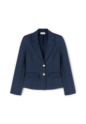 Marineblauwe blazer van gestructureerde stof met een getailleerd design, voorzien van twee gouden knopen, een notch-kraag en twee voorkwabben.