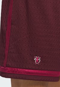 Maroon athletic shorts with a perforated texture, featuring a shiny pink trim and embroidered logo on the bottom right.