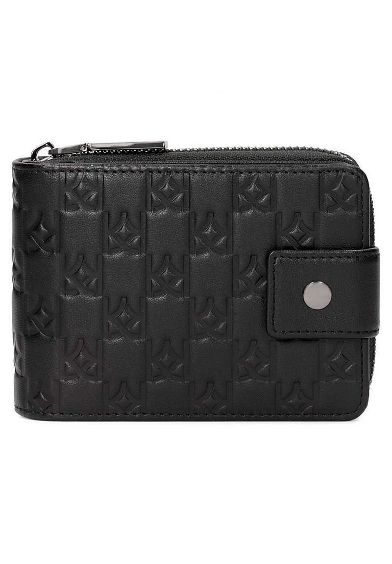 Portafoglio zip in pelle nera con motivo logo testurizzato, chiusura con bottone a pressione e finitura liscia. Forma rettangolare compatta con dettagli di cucitura.