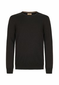 Czarny sweter dziany z długimi rękawami, okrągłym dekoltem, ściągaczami przy mankietach i u dołu. Wykonany z miękkiego, lekkiego materiału. Prosty, jednokolorowy design.