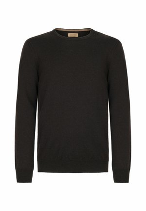 Zwart gebreid trui met lange mouwen, ronde hals, ribbels aan de manchetten en onderzijde. Gemaakt van een zachte, lichte stof. Eenvoudig ontwerp in een effen kleur.