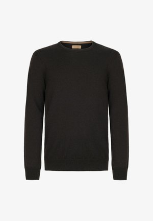 Czarny sweter dziany z długimi rękawami, okrągłym dekoltem, ściągaczami przy mankietach i u dołu. Wykonany z miękkiego, lekkiego materiału. Prosty, jednokolorowy design.