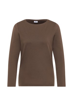 Brun långärmad topp gjord av mjukt bomullstyg. Har en rund halsringning och en figurnära silhuett utan några ytterligare mönster eller detaljer.