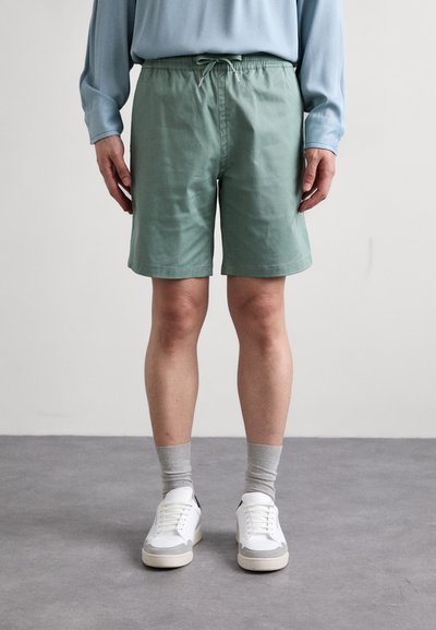 Svetle zelené šortky s elastickým pasem a šnůrkou; nošeny s šedými ponožkami a bílými teniskami. Hladká látka, jednoduchý design.