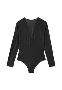 Body a maniche lunghe nero in un tessuto liscio e elasticizzato. Presenta un profondo scollo a V e un design aderente con fondo a perizoma.
