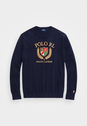Granatowy sweter z długim rękawem i okrągłym dekoltem z wyhaftowanym złotym napisem "POLO RL" oraz herbem Ralph Lauren na przodzie, małe logo na lewym mankiecie.