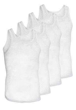 Four white mesh tank tops featuring a sleeveless design, round necklines, and a breathable texture with a diamond pattern.