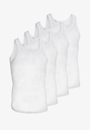 Four white mesh tank tops featuring a sleeveless design, round necklines, and a breathable texture with a diamond pattern.
