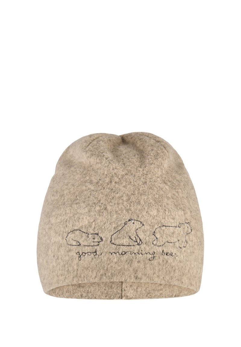 Beige woolen beanie with black outline embroidery of three bears in different poses and the text "good morning bear" beneath them.