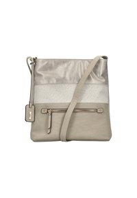Beige Umhängetasche aus einer Mischung von strukturierten Materialien, mit einem metallischen oberen Abschnitt, einem Tierfell-Muster in der Mitte und einer Reißverschlusstasche vorne.