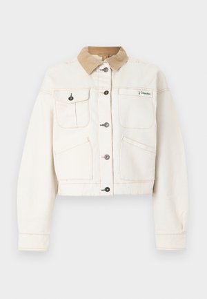 Cremefarbene Jacke mit Knopfleiste, hellbraunem Cordkragen, vier vorderen Taschen und Columbia-Logo auf der oberen rechten Brust.