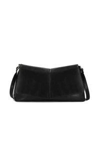 Borsa a spalla nera in pelle con forma triangolare, texture liscia, tracolla regolabile e design pulito. Nessun dettaglio hardware visibile.