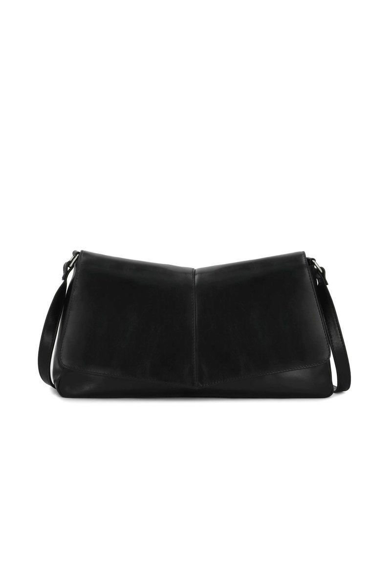 Borsa a spalla nera in pelle con forma triangolare, texture liscia, tracolla regolabile e design pulito. Nessun dettaglio hardware visibile.