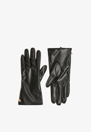 Guanti in pelle nera con un design elegante, caratterizzati da una texture liscia, dettaglio con zip sul polsino e cinque slot individuali per le dita.