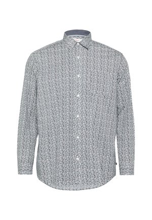 Langarmhemd in Weiß mit einem schwarzen Blumenmuster, mit Knopfkraagen und abgerundetem Saum. Hergestellt aus leichtem Stoff mit glatter Textur.