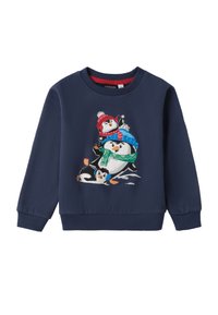 La felpa blu navy presenta un design stampato di tre pinguini in abbigliamento invernale, inclusi cappelli e sciarpe, con polsini e orlo a coste.