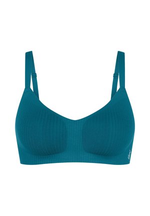 Soutien-gorge sans fil côtelé couleur sarcelle avec bretelles réglables et bonnets sans coutures, conçu pour le confort et un maintien léger.