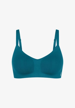 Trådløs, ribbet bh i blågrøn farve med justerbare stropper og sømløse skåle, designet for komfort og let støtte.
