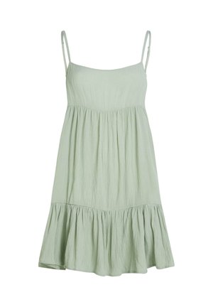 Vestido sin mangas de color verde claro con tejido texturizado, corpiño ajustado y falda acampanada con un volante en la parte inferior.