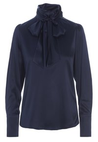 Blusa blu navy a maniche lunghe con collo alto e dettaglio fiocco. Realizzata in morbido satin, presenta una vestibilità comoda e maniche con polsini.
