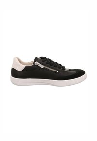 Schwarze Ledersneaker mit weißen Akzenten an der Ferse, strukturiertem Obermaterial, Frontschnürung und seitlichem Reißverschlussdetail. Gummisohle mit gerilltem Rand.