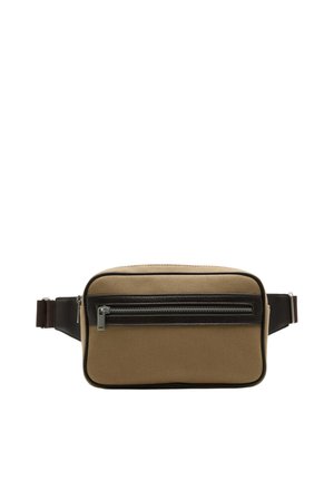 Rektangulær beige stof talletaske med sort kant, lynlåslomme foran, justerbar mørkebrun rem og sølvfarvet lynlåstrækker.