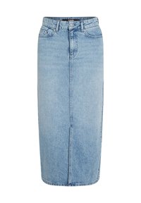 Svetlo modra denim midi krila s ravnim krojem, sprednjo gumbasto zapiranje in dvema stranskima žepoma. Ima klasičen zbledel izgled in podrobnosti v šivanju.