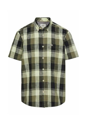 Korte mouwen geruite blouse in olijfgroen, zwart en crème met knoopsluiting aan de voorkant, kraag en een enkele borstzak. Gemaakt van lichtgewicht stof.