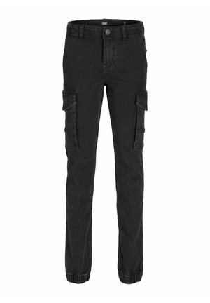 Pantalon cargo noir avec poches à rabat latérales, poignets élastiques, passants de ceinture et fermeture par bouton, coupe droite.