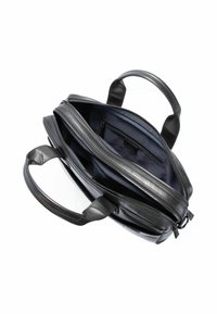 Schwarze Laptoptasche aus Leder mit zwei oberen Griffen, Reißverschluss und einem innen mit Stoff ausgekleideten Fach mit Taschen zur Organisation.