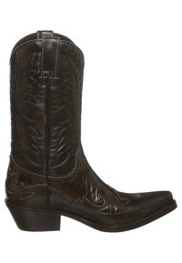 Bota de vaquero de cuero marrón con puntera puntiaguda y tacón mediano. Presenta un diseño embosado y costuras en el cañón y la parte delantera.