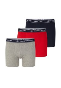 Drei Paare Herren-Boxershorts: grau, rot und marineblau. Jedes hat einen breiten, kontrastierenden Bund mit dem "TOM TAILOR"-Logo. Aus weichem Baumwoll-Mix.
