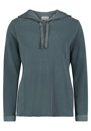 Bluza z kapturem, długi rękaw, ciemno-turkusowy kolor, kaptur ze ściągaczem, podwinięte mankiety, prosty design, widok z przodu.