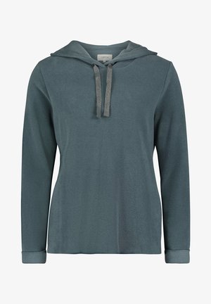 Bluza z kapturem, długi rękaw, ciemno-turkusowy kolor, kaptur ze ściągaczem, podwinięte mankiety, prosty design, widok z przodu.