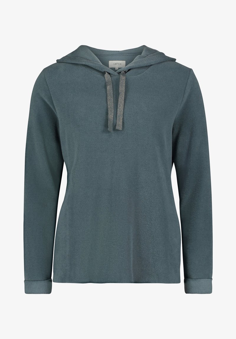 Sweat à capuche bleu sarcelle foncé à manches longues avec cordon de serrage à la capuche et poignets retroussés, design simple, vue de face.