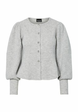 Light gray cardigan made of ribbed knit fabric. Features a round neck, puff sleeves, and decorative buttons on the front.