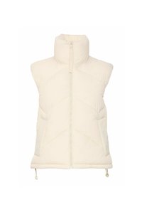 Lichtgewicht, ivoorkleurige puffer vest met een hoge kraag, voorkant met rits en een diagonaal gestikt patroon; beschikt over een trekkoord aan de onderkant.