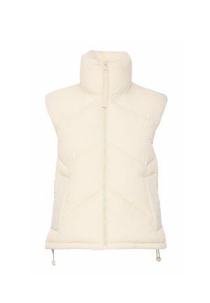 Lehká, slonovinově bílá péřová vesta s vysokým límcem, předním zipem a diagonálním prošíváním; má stahovací šňůrku na spodním lemu.