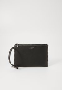 Black leather wallet with a textured finish, white stitching, zip closure, and a wrist strap. Features the DKNY logo on the front.