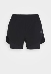 Svarta träningsshorts med ett böjt yttre lager och integrerade inre shorts. Har ett elastiskt midjeband och en liten logotyp på sidan.