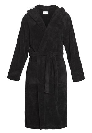 Black hooded bathrobe made of plush fabric, featuring long sleeves, two front pockets, and a matching tie belt for closure.