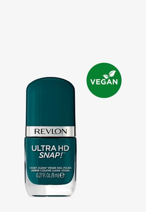 Bottiglia di smalto per unghie vegano Revlon Ultra HD Snap in verde teal scuro con simbolo vegano verde con due foglie.