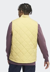 Žltá prešívaná vesta s vysokým golierom, s diamantovým prešívaním. Nosená cez fialovú blúzku s dlhým rukávom, ukazujúca vrstvený vzhľad.