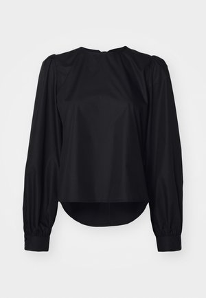 Schwarze Bluse mit langen Puffärmeln, rundem Halsausschnitt und leicht abgerundetem Saum. Hergestellt aus einem glatten, leichten Stoff mit Knopfmanschetten.