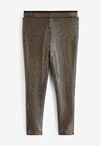 Leggings neri con design fitted, caratterizzati da una superficie lucida e texture decorata con piccoli rivestimenti simili a gemme multicolori.