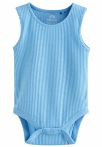 Lyseblå ærmeløs baby bodysuit med ribbet tekstur, trykknaplukning nederst og rund halsudskæring, lavet af blødt bomuldsstof.