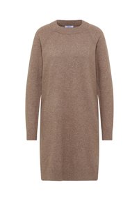Bruine gebreide jurk met een ronde hals, lange raglanmouwen en geribde manchetten. De stof heeft een zachte textuur en een ontspannen pasvorm.